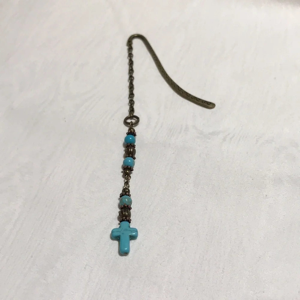 Metal Shepherd's Hook Bookmark w/Chain Metal Beads Turq Magnesite Gemstone Beads